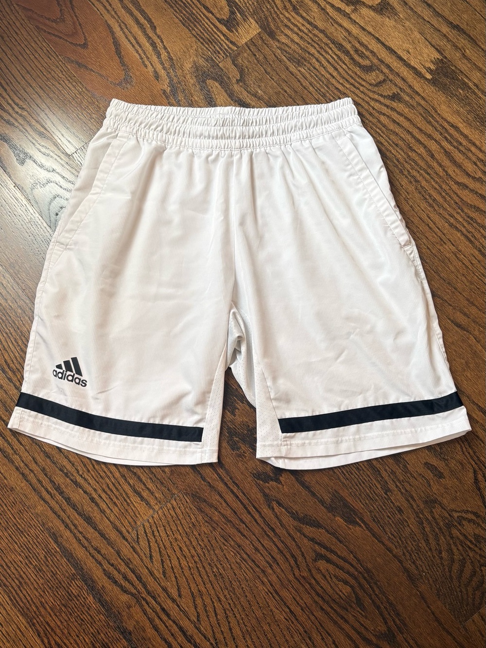 adidas Men’s White Athletic Shorts with Black Hem Stripes